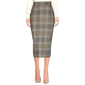 Nora Barth Gray Brown Plaid Wool Side Stripes Pencil Midi Skirt Sz 10